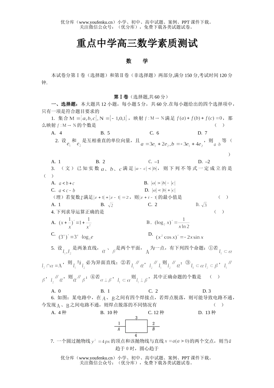 高中三年级数学重点中学素质测试卷_第1页
