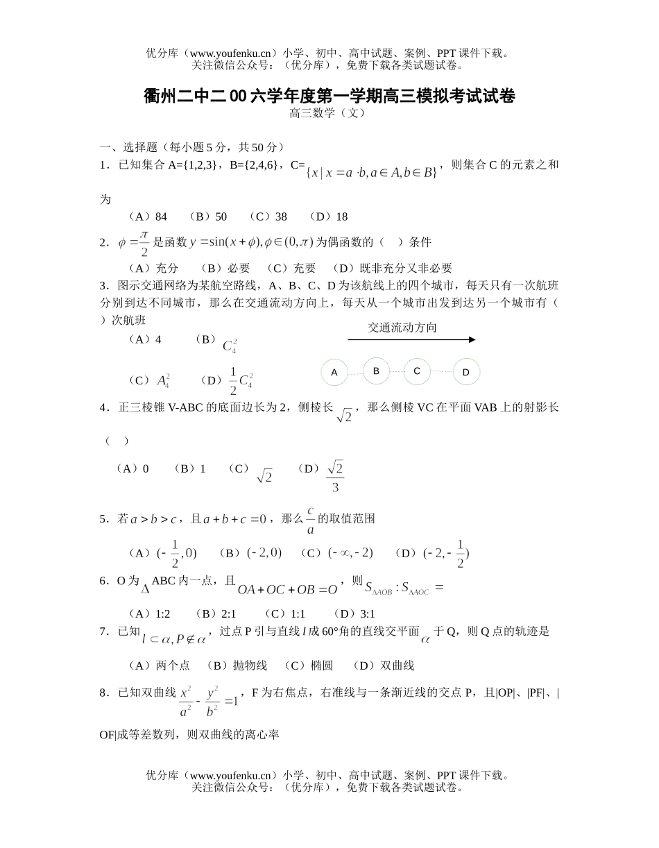 高中三年级数学浙江衢州二中模拟卷(文)试卷_第1页