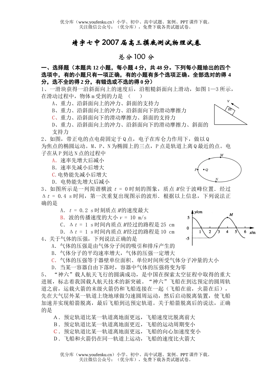 高中三年级物理摸底测试卷_第1页