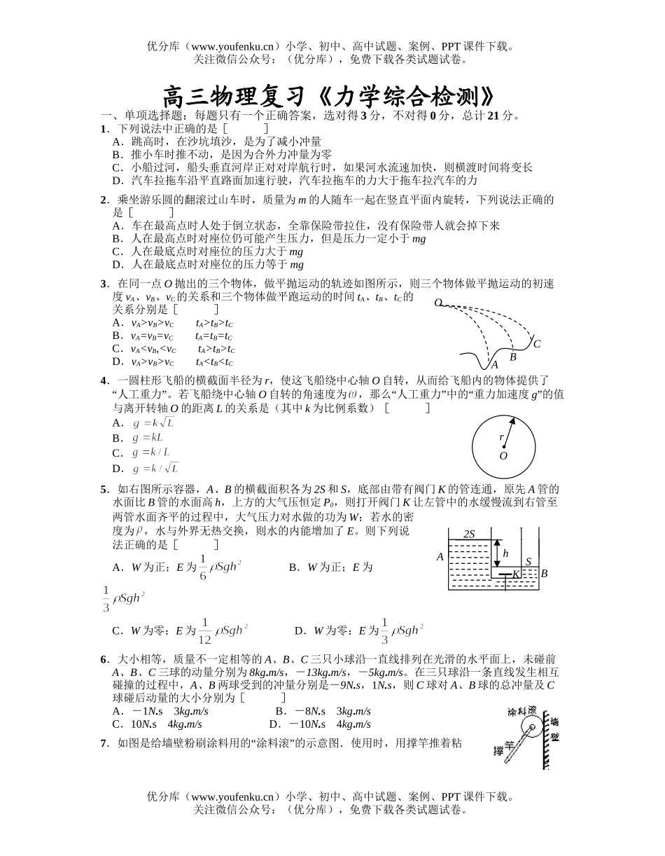 高中三年级物理复习《力学综合检测》试卷_第1页