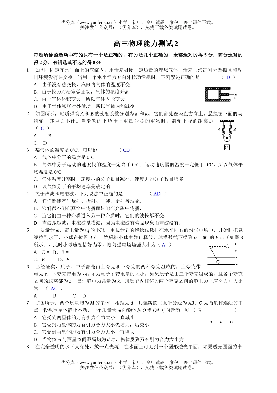 高中三年级物理能力测试2试卷_第1页