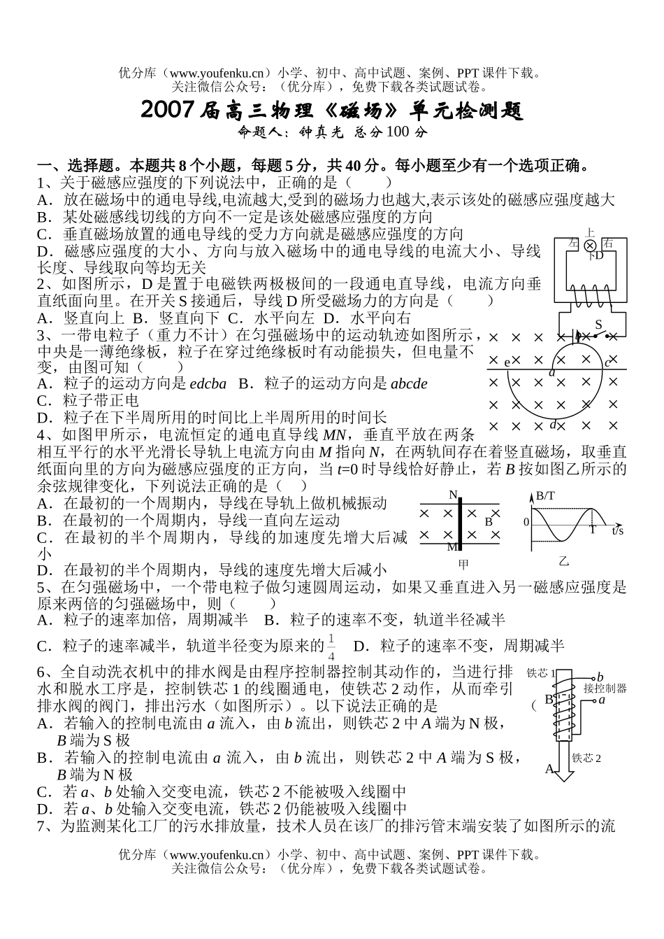 高中三年级物理2007届《磁场》单元检测题试卷_第1页