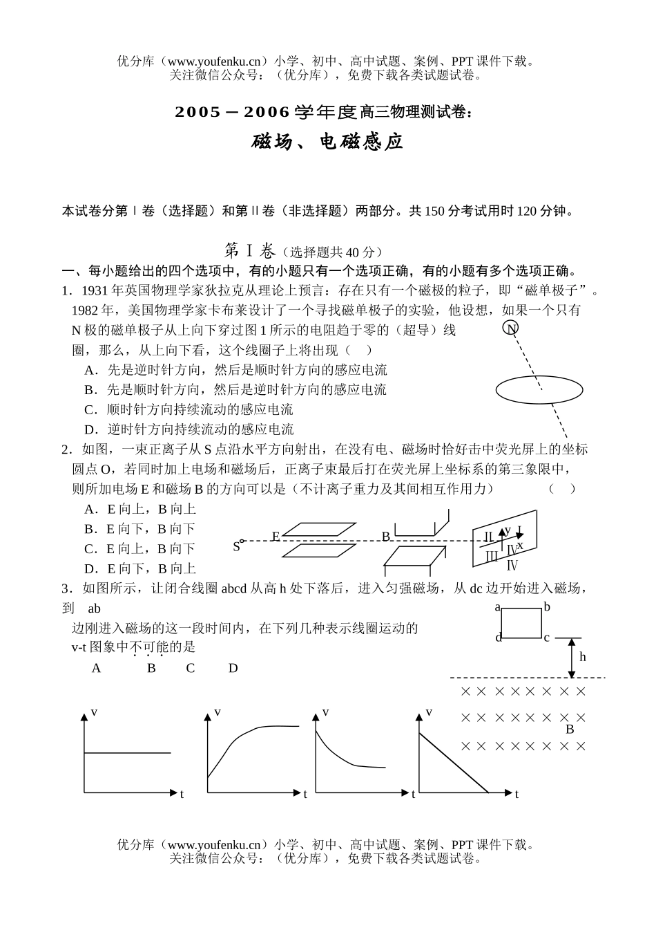 高中三年级物理测：磁场、电磁感应试卷_第1页