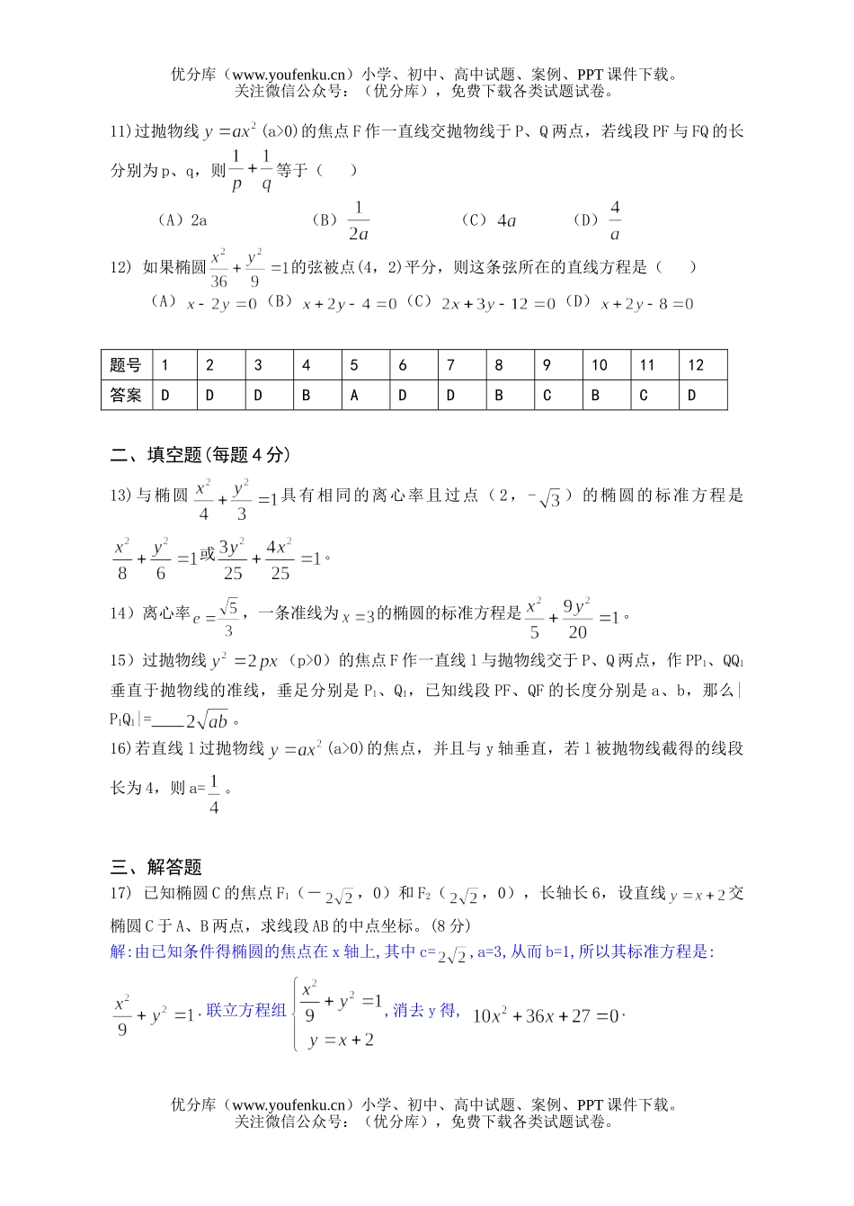 高中三年级数学圆锥曲线单元测试卷_第2页