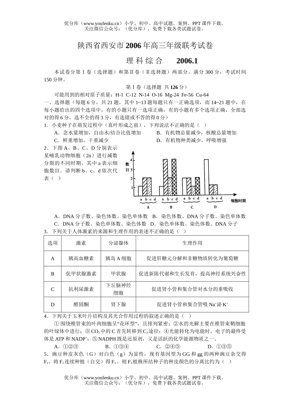 高中三年级物理西安市2006届国防科技工业高第二次联考(理综)试卷_第1页