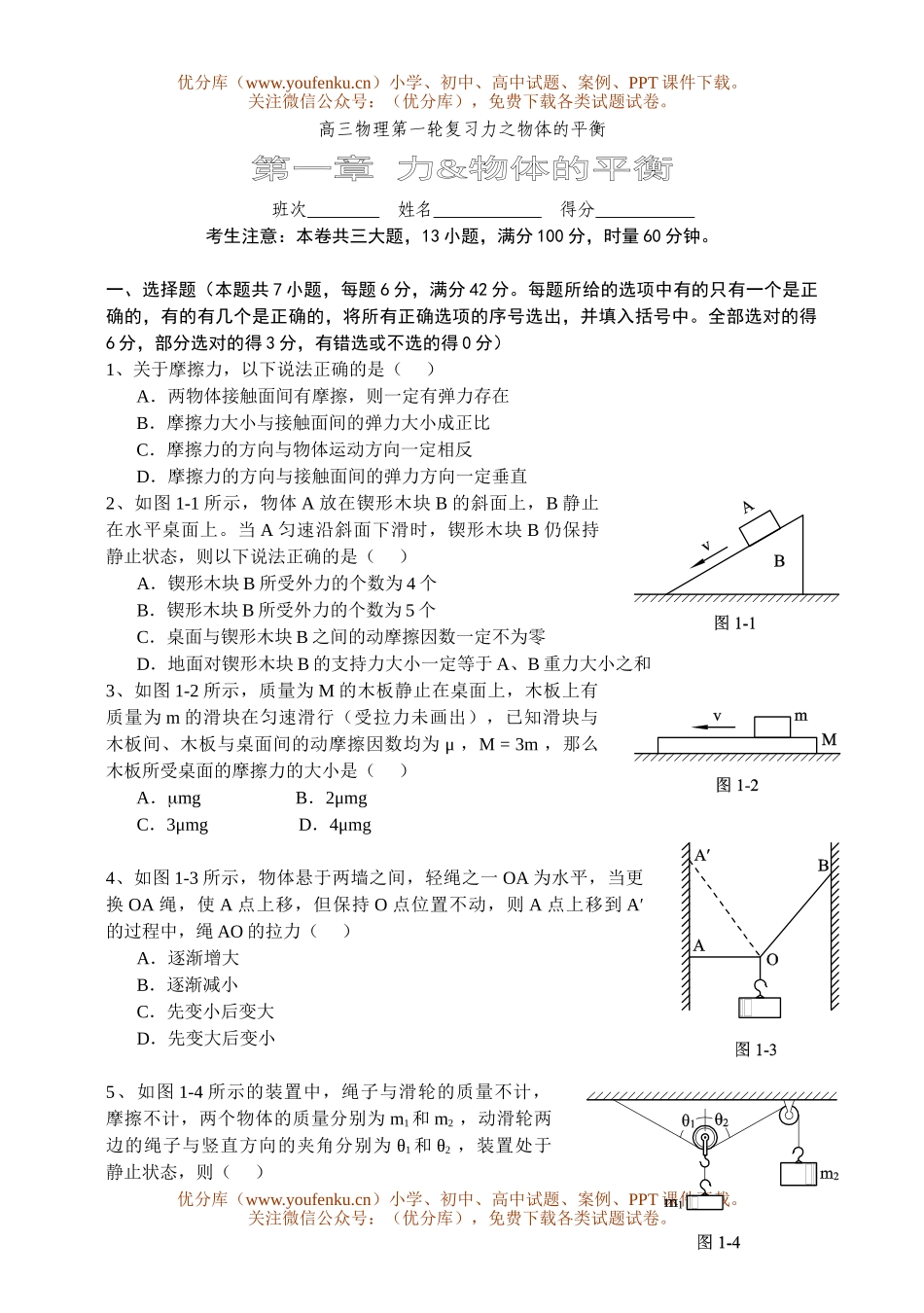 高中三年级物理第一轮复习力之物体的平衡试卷_第1页